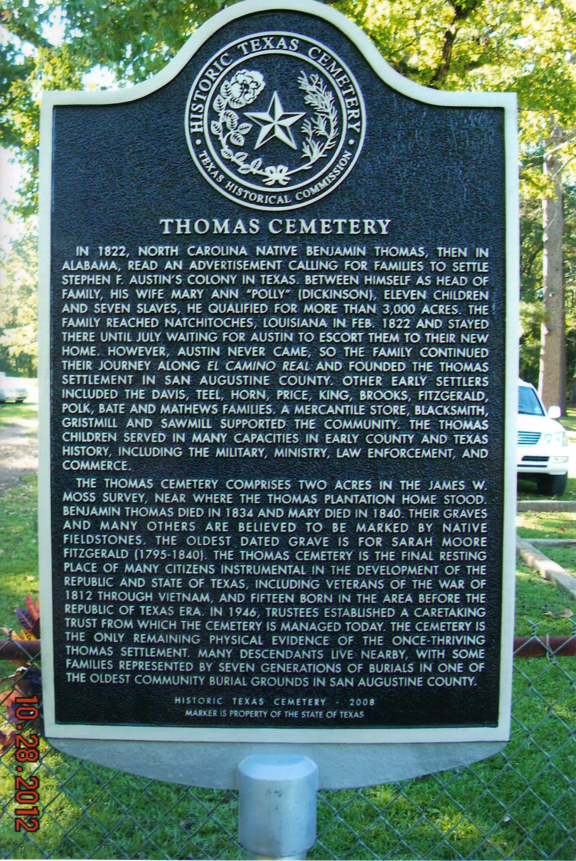 The Texas Historical Commission's marker at the Thomas Cemetery, San Augustine County, photographed in October 2012.
