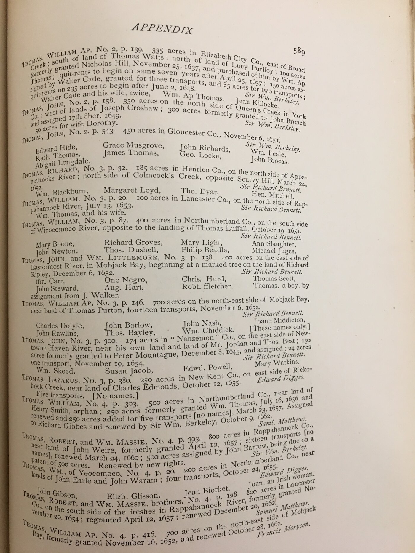 The Thomas Book (1896), p. 589, abstracting Virginia land patents. Among them are the patent of a John Thomas for 350 acres on Queen's Creek, York County, in 1649, with "50 acres for wife Dorothy", and the patent of a John Thomas for 174 acres in Nansemond in 1654, with "150 acres formerly granted to Peter Mountague". Photographed at the British Library.