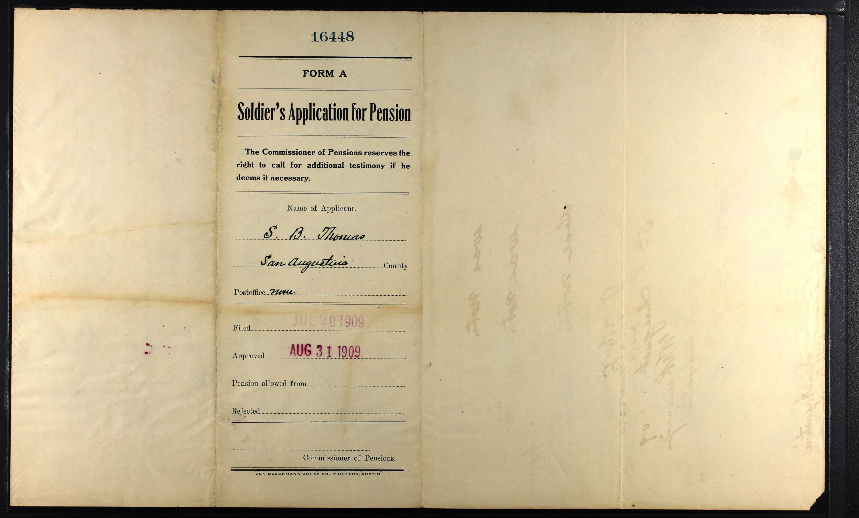 Samuel Brown Thomas's civil war pension application.