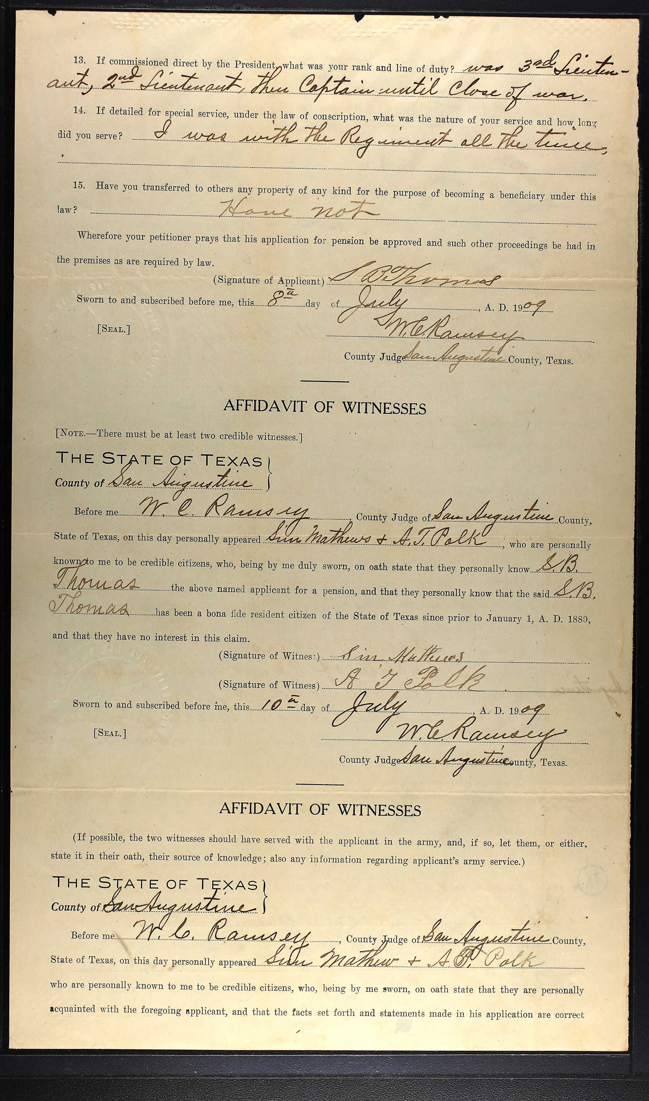 Samuel Brown Thomas's civil war pension application.