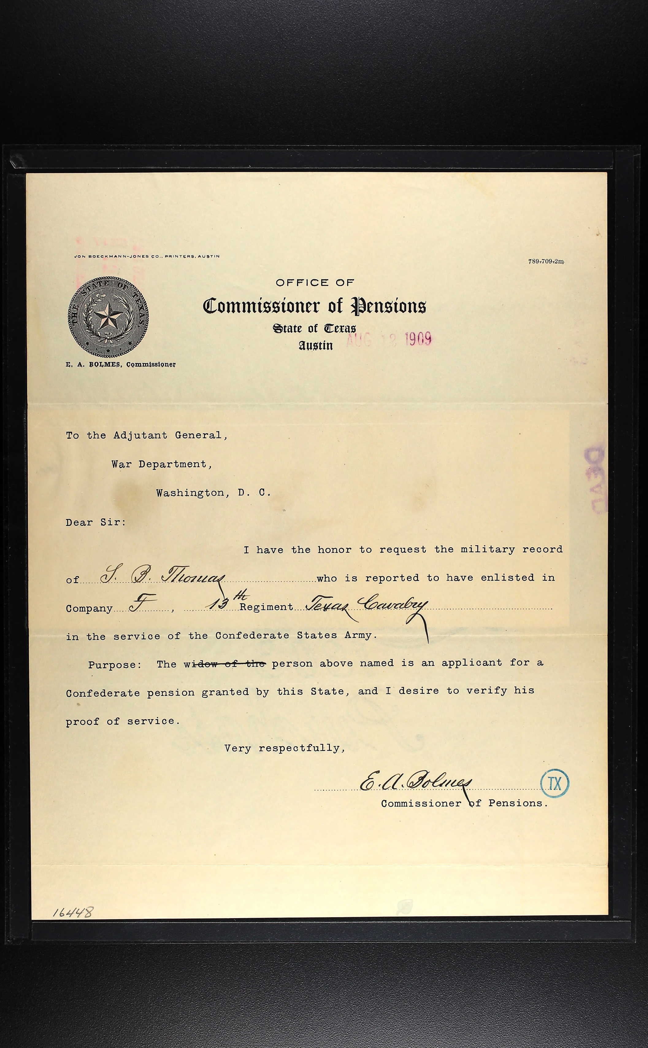 Samuel Brown Thomas's civil war pension application.