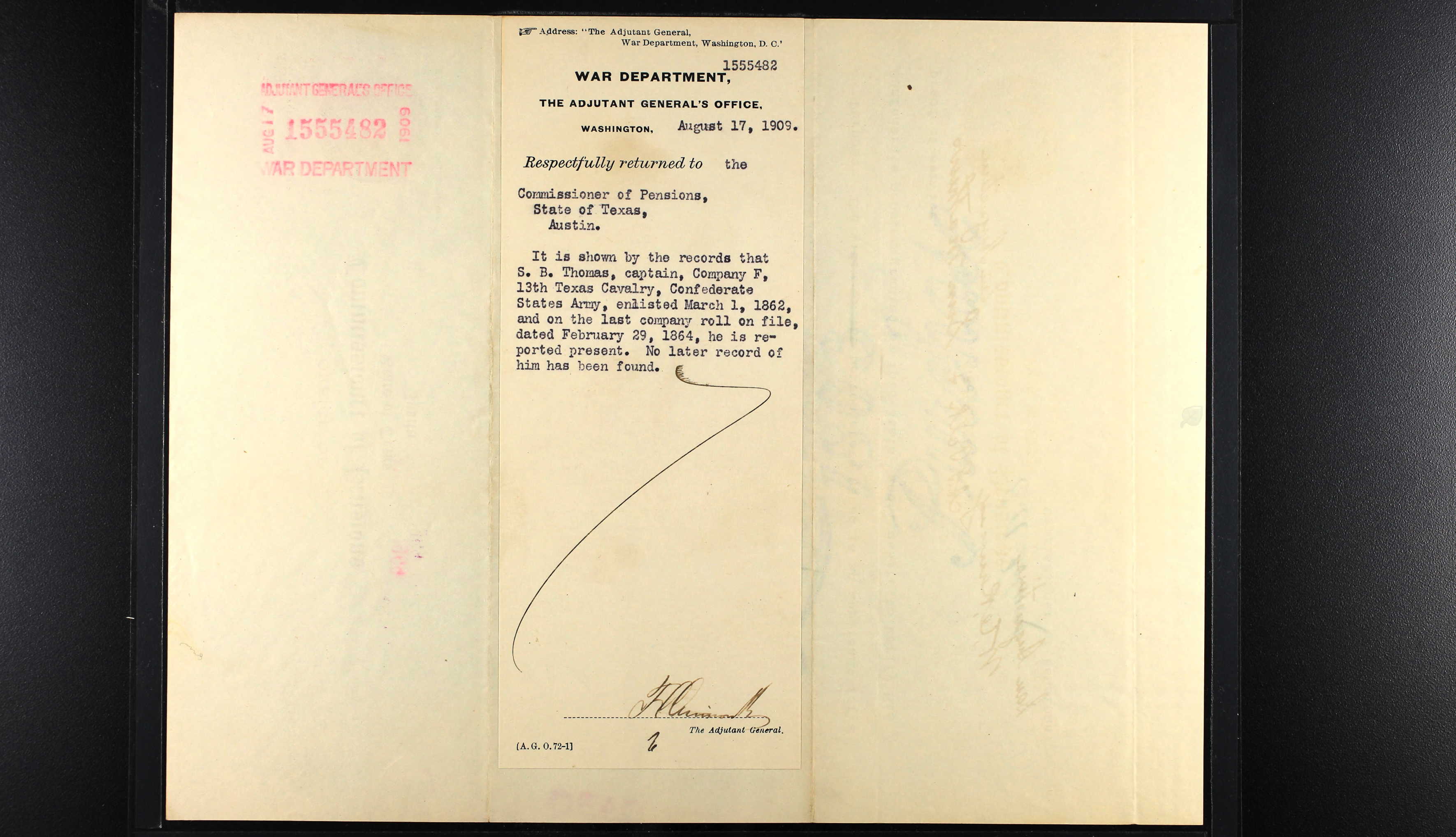 Samuel Brown Thomas's civil war pension application.